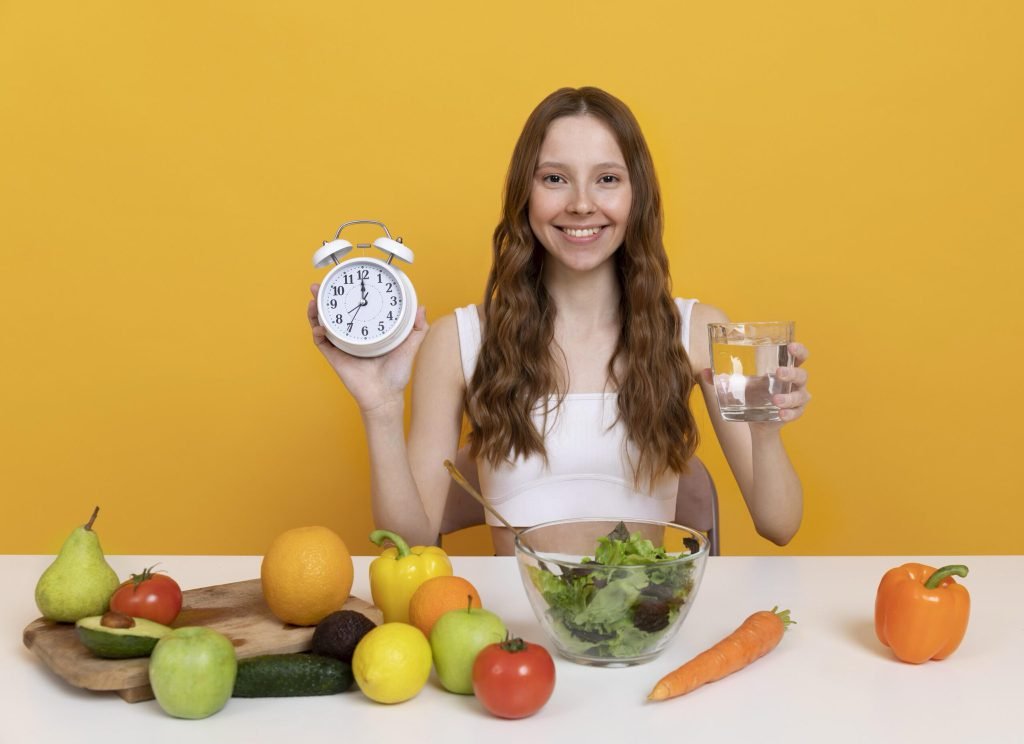 Medium shot woman with food clock