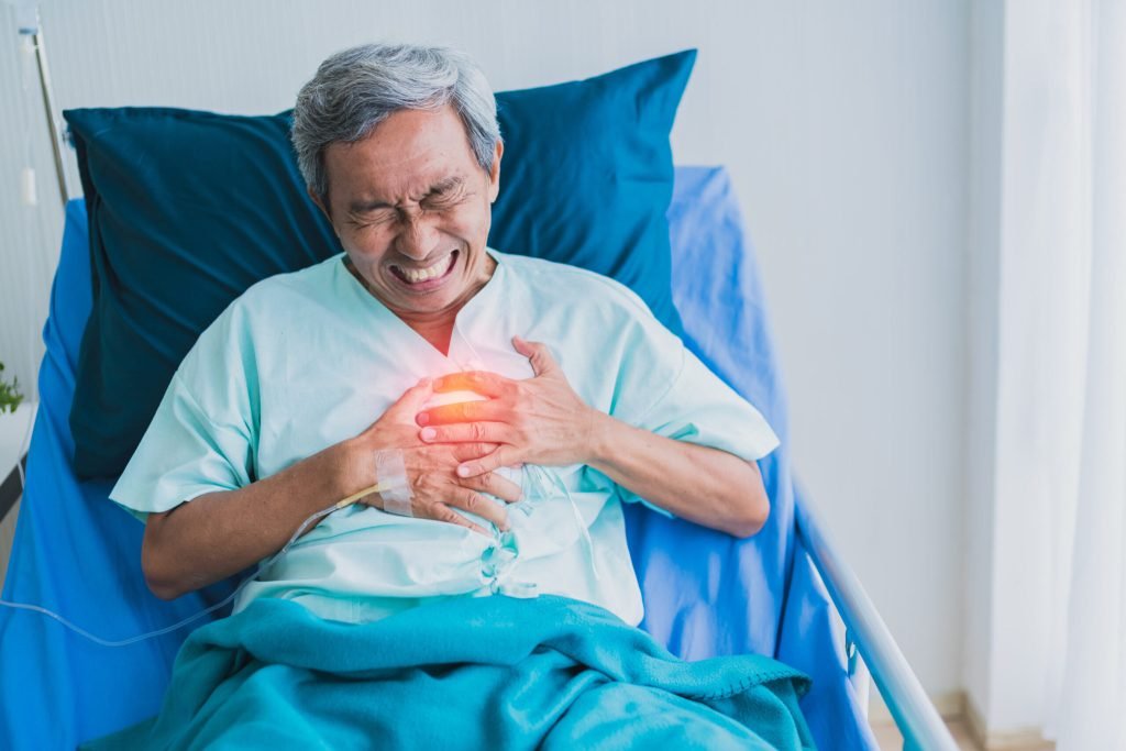 Pain heartburn old senior asian grandfather patient uniform suffer from body problem health ideas concept