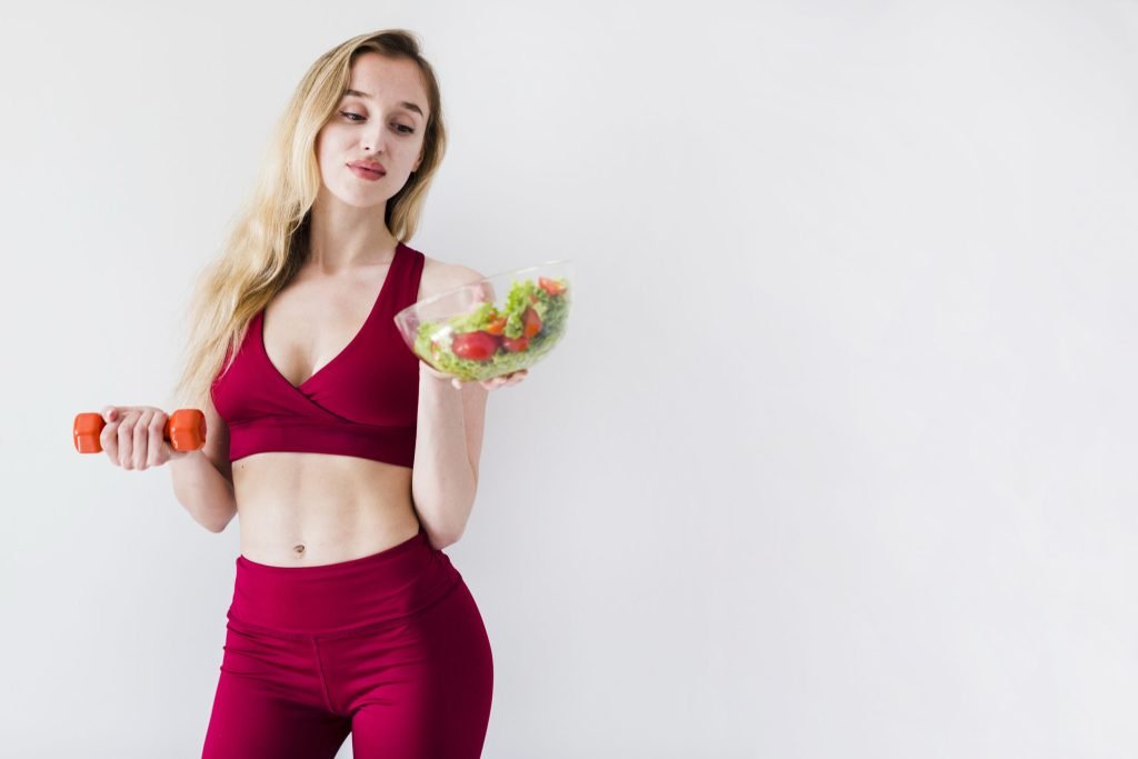 Diet concept with sport woman healthy food