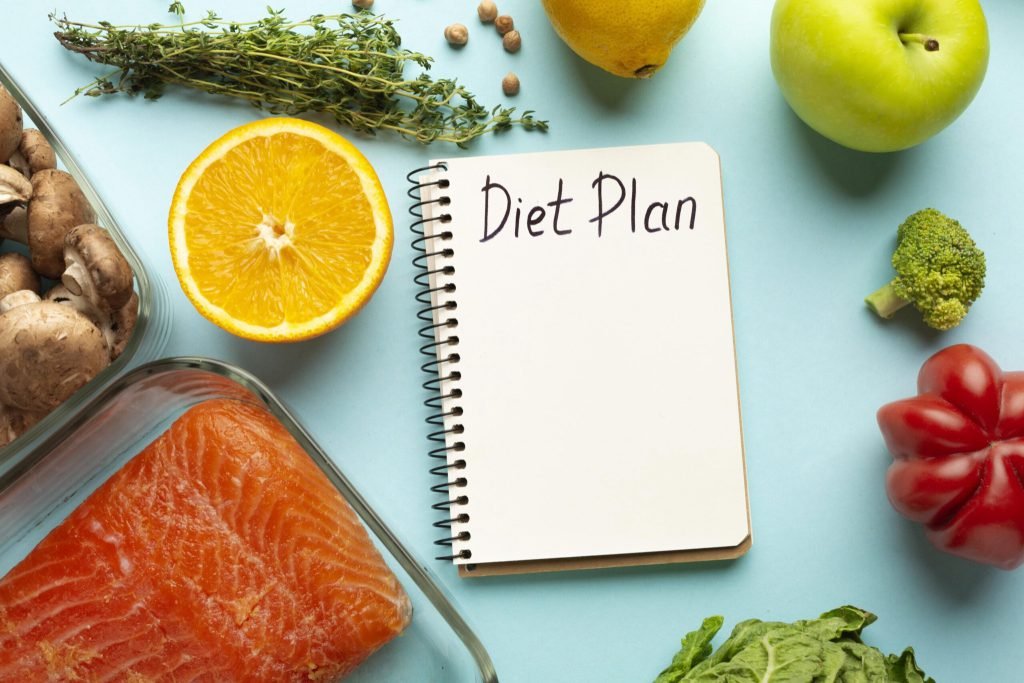 Top view arrangement with diet planning notepad