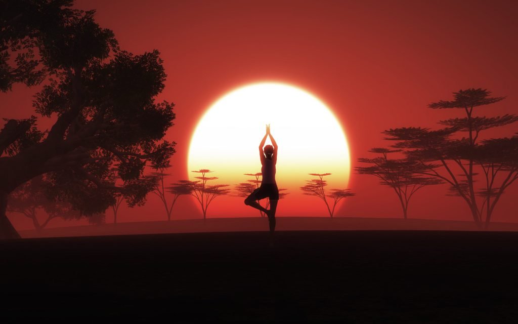 3d female yoga pose african landscape with sunset sky