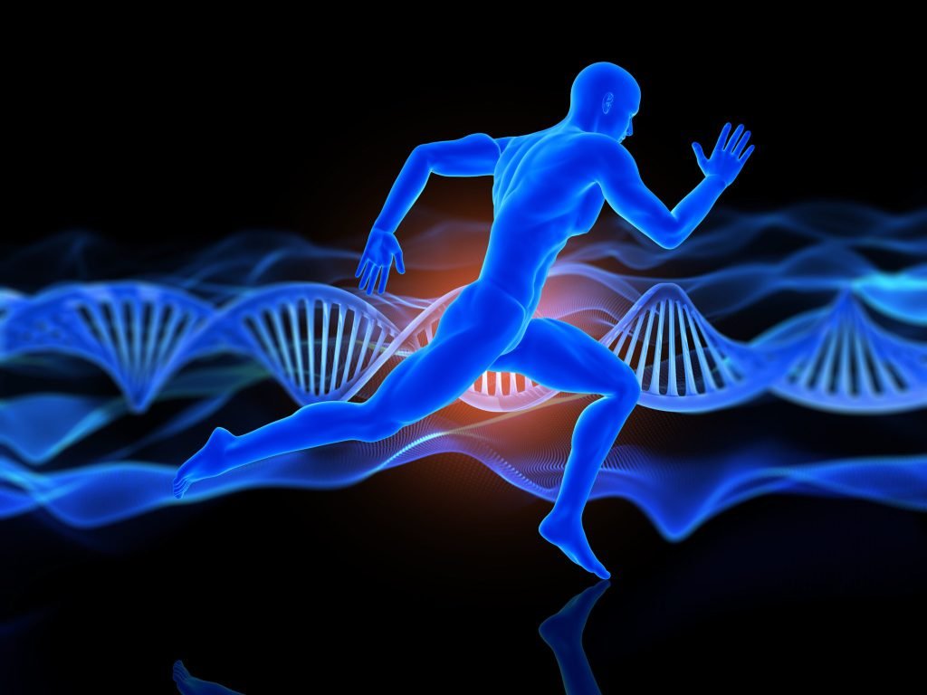 3d medical background with running male figure dna strands