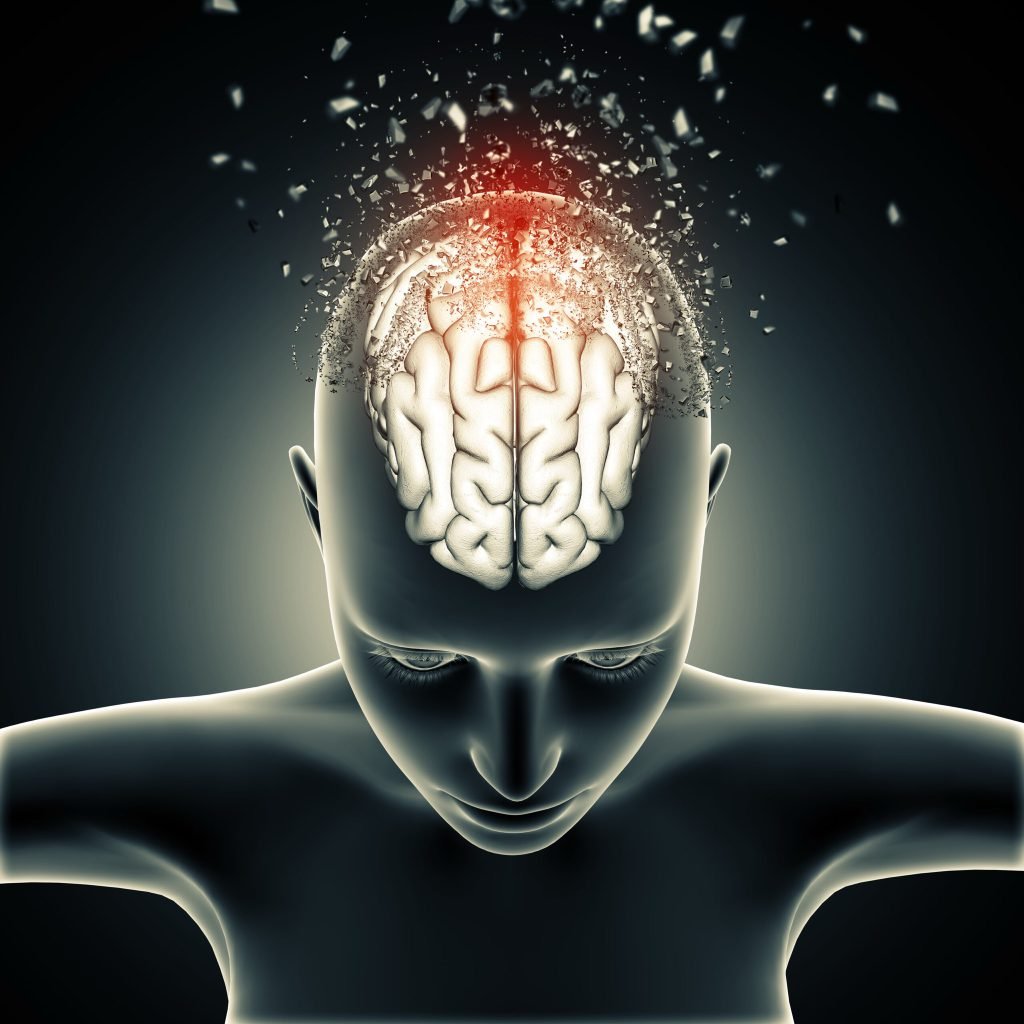 Female medical figure with brain disintegrating