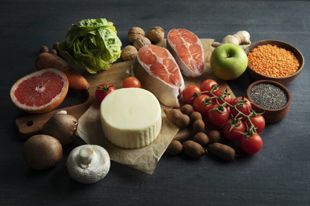 Real food pyramid arrangement still life
