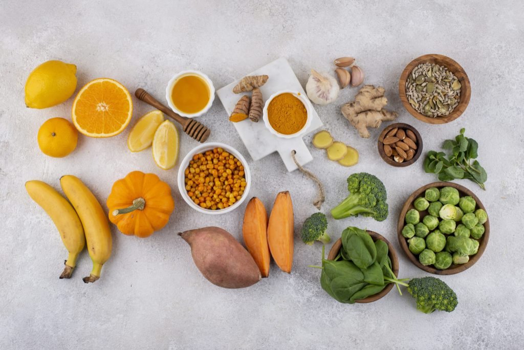Top view healthy immunity boosting foods