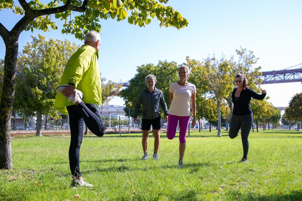 Group retired active mature people wearing sports clothes doing morning exercise park grass retirement active lifestyle co...