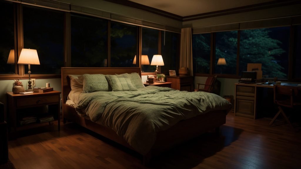 Softly lit bedroom night by lamp light