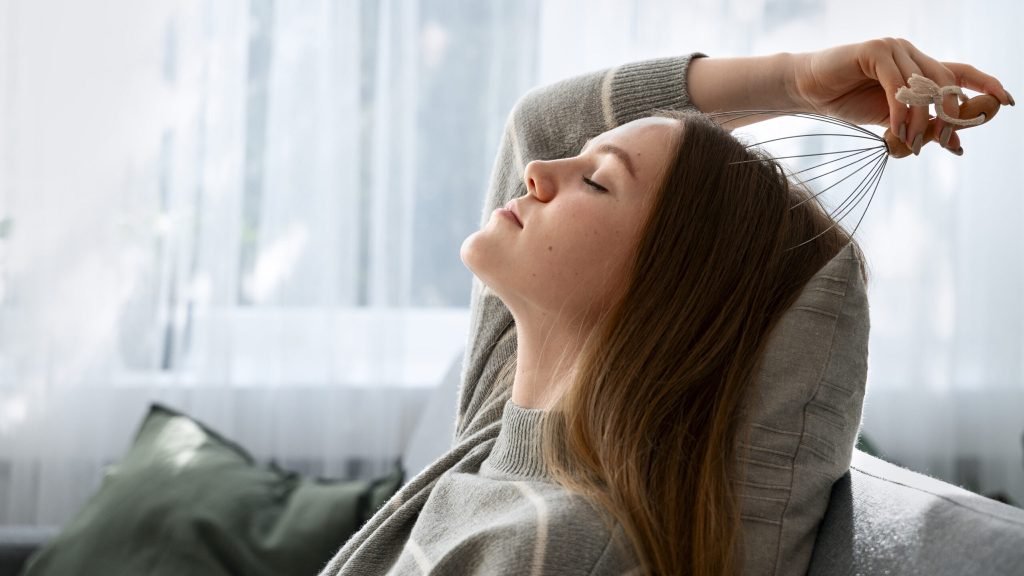 Woman giving herself scalp massage