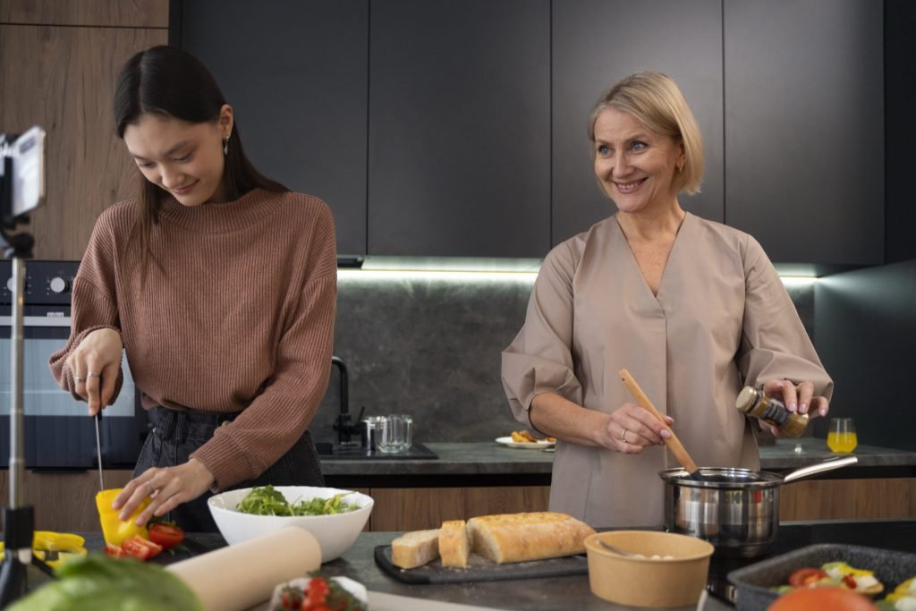 Front view women cooking together