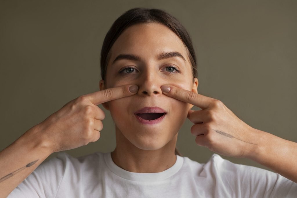 Portrait young woman practicing facial yoga youth