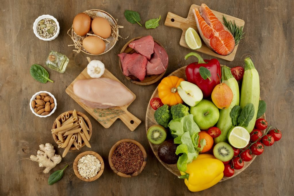 Delicious food groups arrangement top view