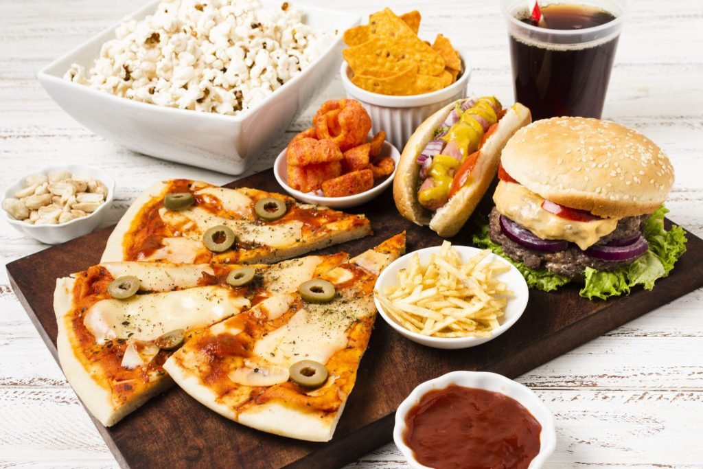 High angle fast food white table