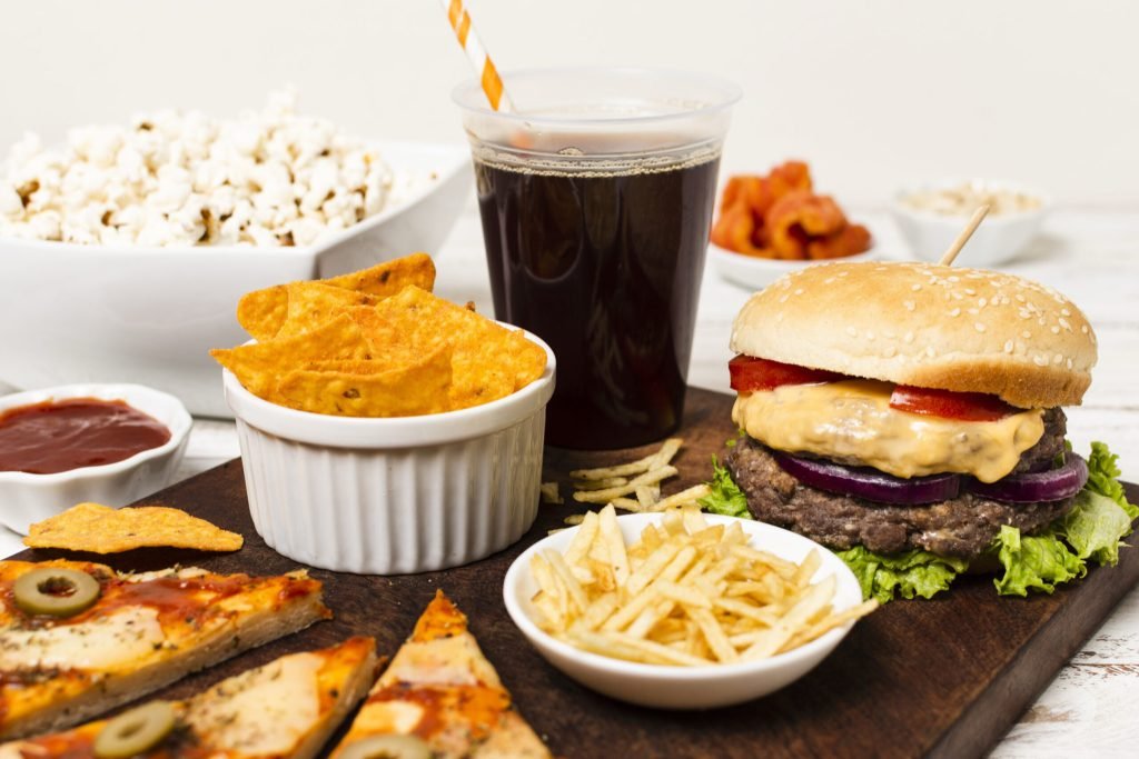 Junk food tray white table