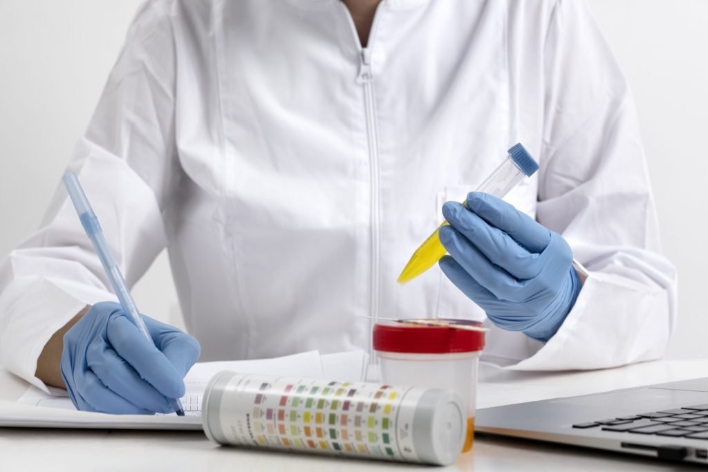 Lab doctor performing medical exam urine