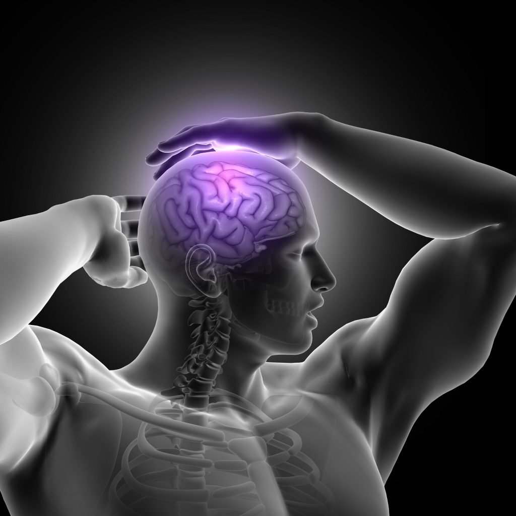 3d render male figure holding head with brain highlighted