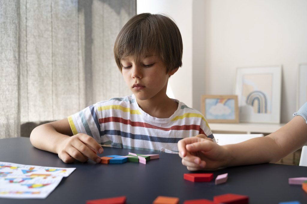 Front view kid making puzzle table