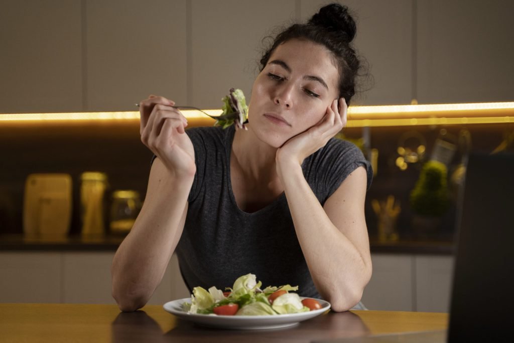 Woman trying eat healthy home
