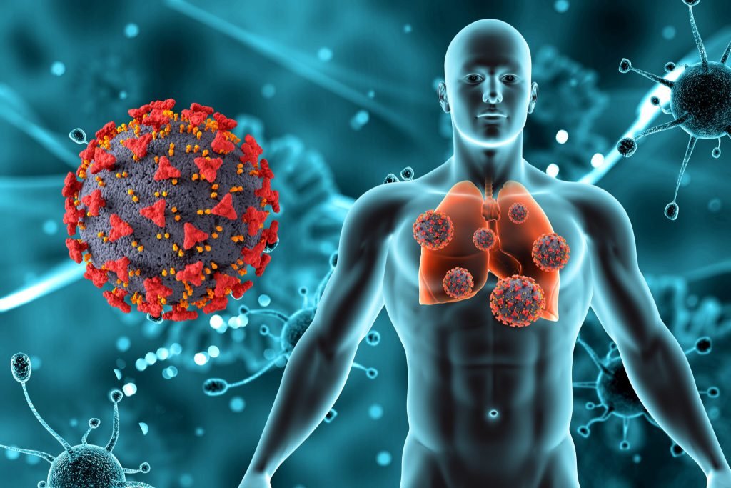 3d render medical background with male figure lungs covid 19 virus cells
