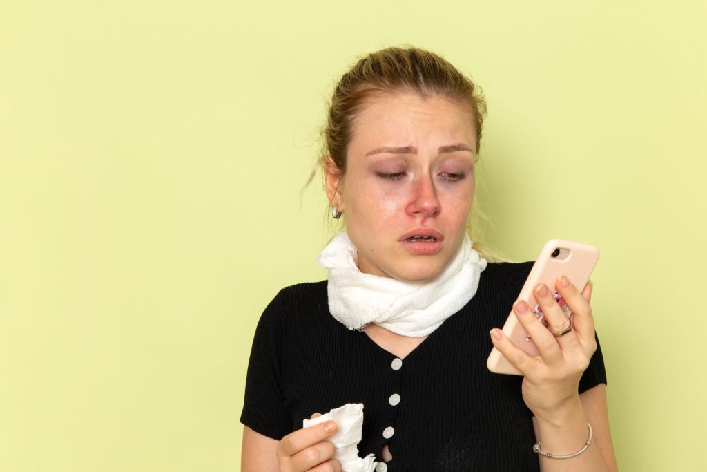Front view young female feeling very ill sick talking phone green wall female sickness medicine illness