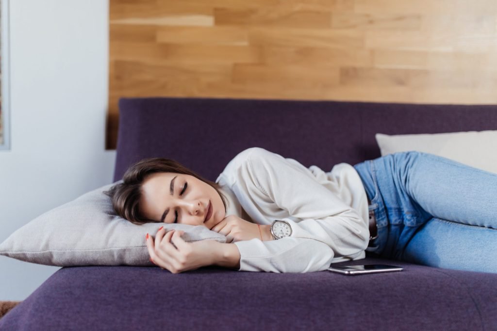 Tender lady dreams bed after hard work day