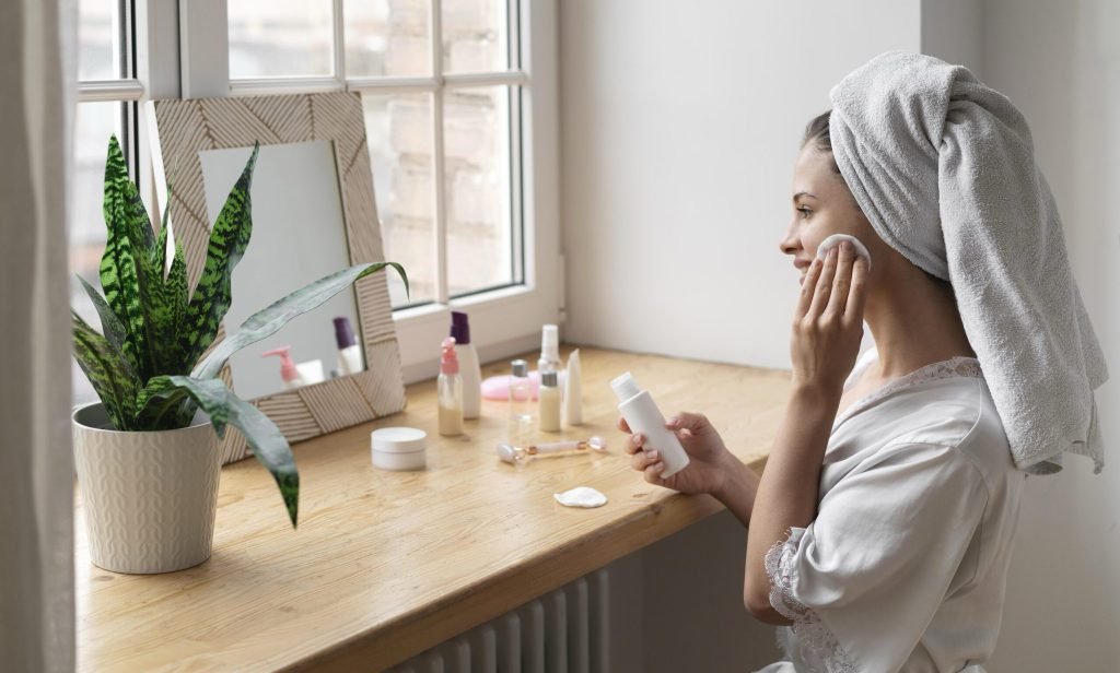 Woman doing self care treatment indoors