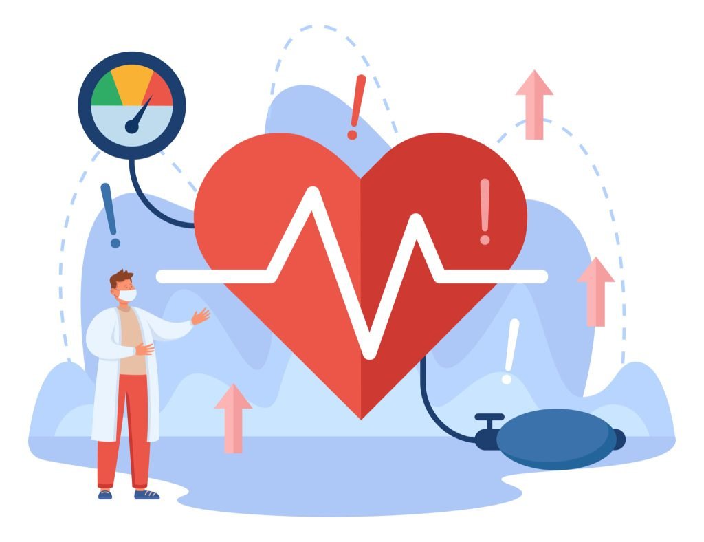 Tiny doctor and heart of patient with high blood pressure